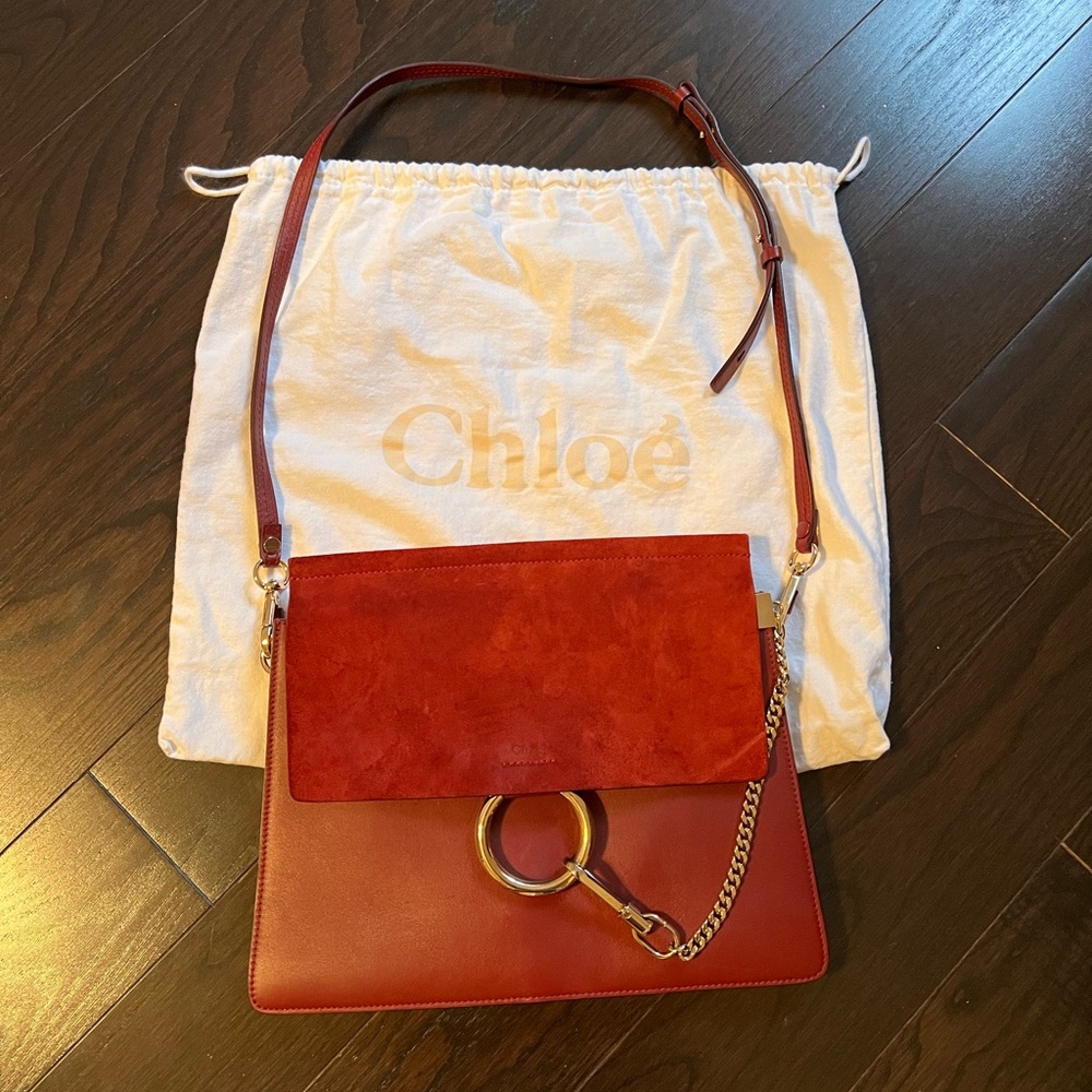 Red Leather and Suede Shoulder Bag